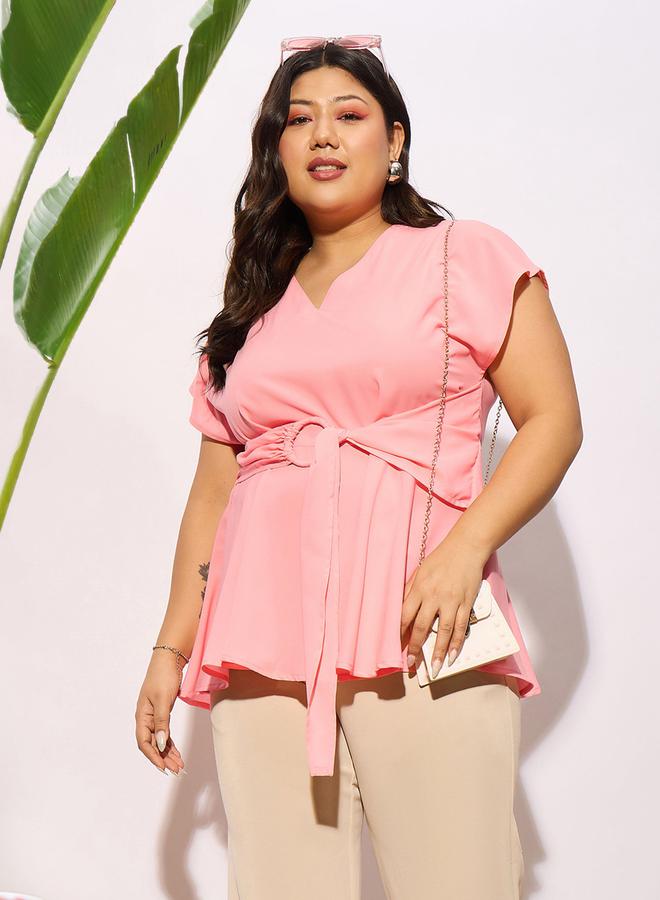 SASSAFRAS Plus Front Knot Detail Peplum Top - Image 1