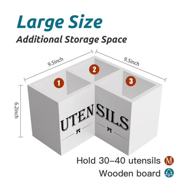 Suli Extra Large Kitchen Utensils Holder with 3 Compartments,Corner Utensil Caddy for countertop,Wooden Utensil Organizer for Kitchen Countertop, Farmhouse Decor- White - Image 2