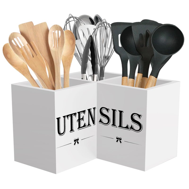 Suli Extra Large Kitchen Utensils Holder with 3 Compartments,Corner Utensil Caddy for countertop,Wooden Utensil Organizer for Kitchen Countertop, Farmhouse Decor- White - Image 1