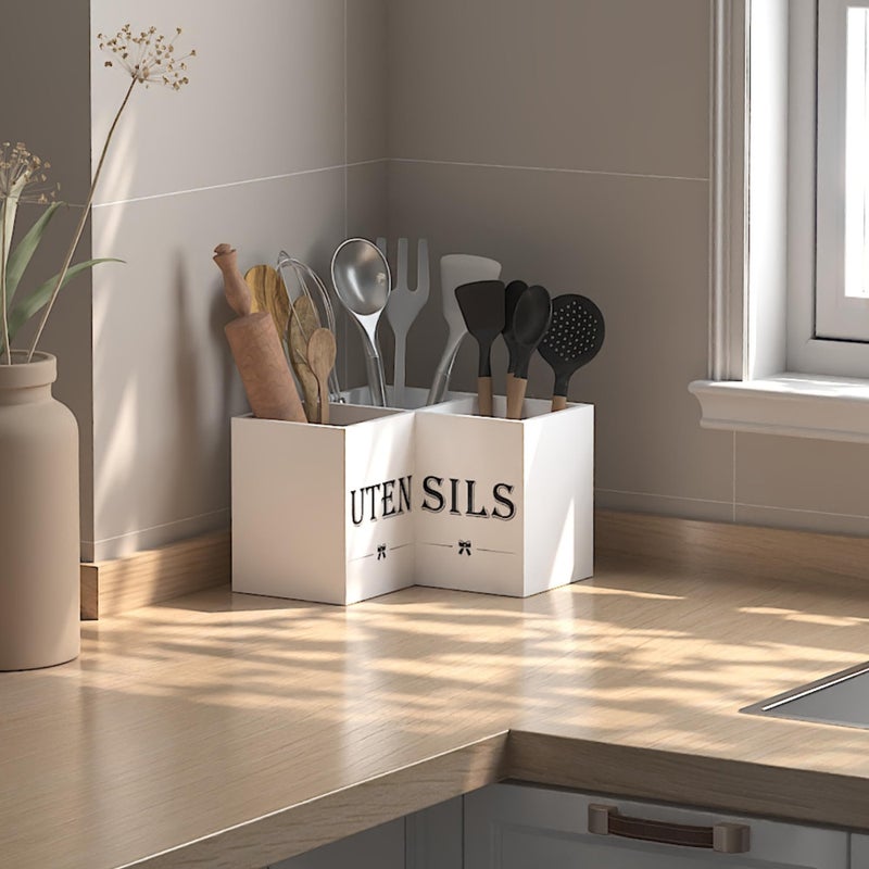 Suli Extra Large Kitchen Utensils Holder with 3 Compartments,Corner Utensil Caddy for countertop,Wooden Utensil Organizer for Kitchen Countertop, Farmhouse Decor- White - Image 3