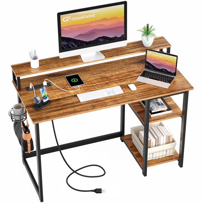 GreenForest 47 inch Computer Desk with Power Outlets Small Home Office Desk with Ergonomic Monitor Stand Reversible Gaming Desk Modern Study Desk Laptop Desk Walnut
