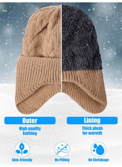 Giegxin 2 Pcs Hats With Ear Flaps Winter Knit Earflap Beanie Hat Warm Stocking Caps With Short Plush Lined Brimmed Ski For Women Men (Black, Khaki)  - Image 3