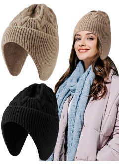 Giegxin 2 Pcs Hats With Ear Flaps Winter Knit Earflap Beanie Hat Warm Stocking Caps With Short Plush Lined Brimmed Ski For Women Men (Black, Khaki)  - Image 1