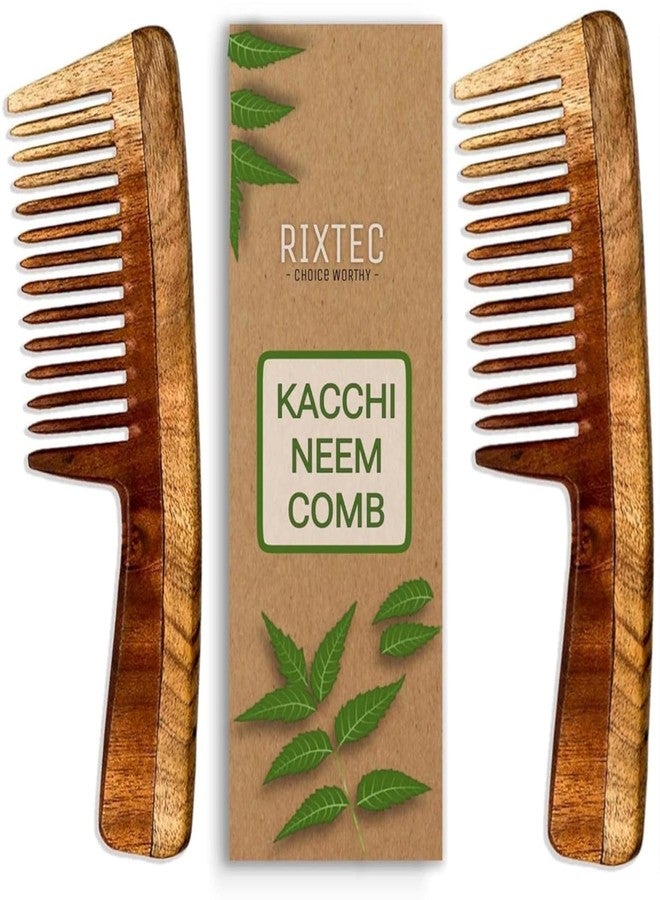 ريكستك مجموعة ريكستك من قطعتين من مشط النيم، مشط خشبي | لنمو الشعر، ومنع تساقطه، ومكافحة القشرة | لتمليس الشعر، والتحكم في التجعد | مشط مناسب للجنسين، يمنح لمعاناً، ومناسب لجميع أنواع الشعر (أسنان واسعة) - Image 1