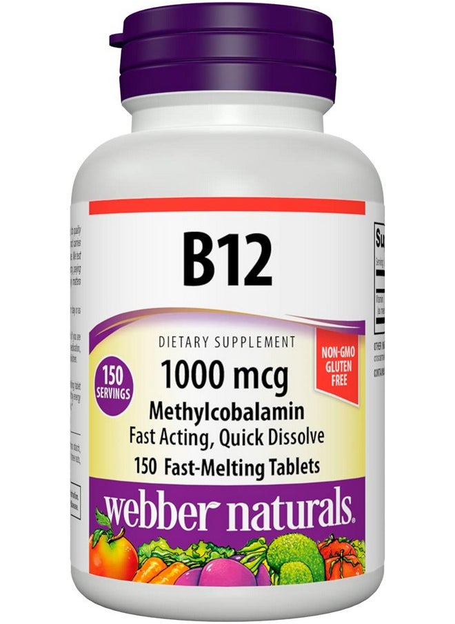 Webber naturals فيتامين ب12 1000 ميكروجرام 150 قرص سريع الذوبان يدعم إنتاج الطاقة والتمثيل الغذائي خالي من الجلوتين نونجمو نباتي  - Image 1