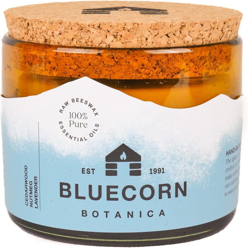 Bluecorn Beeswax Cedarwood, Nutmeg & Lavender Essential Oil & Pure Beeswax Candle in Blown Glass Jar. Bluecorn Beeswax Botanica. Non-Toxic Scented Candle in 100% Recycled Glass. Large 3-Wick Candle - 22 oz.