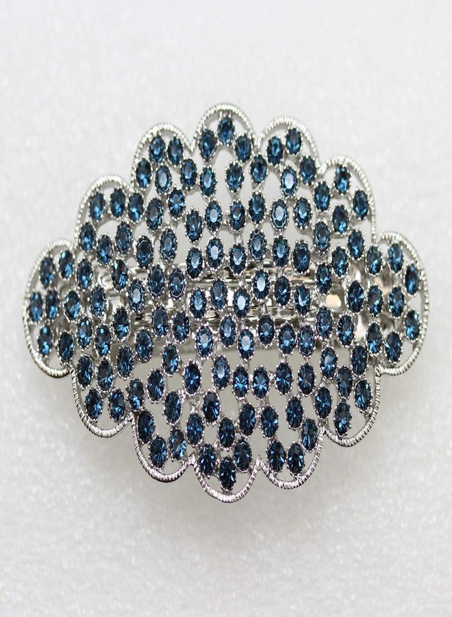 Faship Gorgeous Navy Blue Rhinestone Crystal Floral Hair Barrette - Image 2