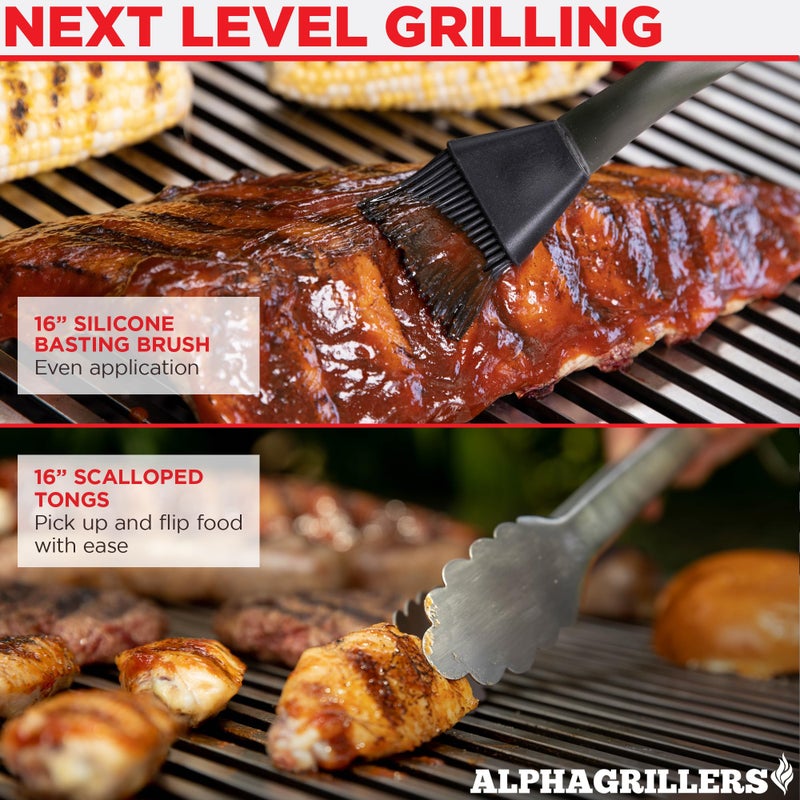 Alpha Grillers ملحقات الشواء الثقيلة - مجموعة أدوات الشواء من الفولاذ المقاوم للصدأ مع ملحقات الشواء في الهواء الطلق مع ملعقة، شوكة، فرشاة وملاقط - هدايا الشواء للرجال - Image 5