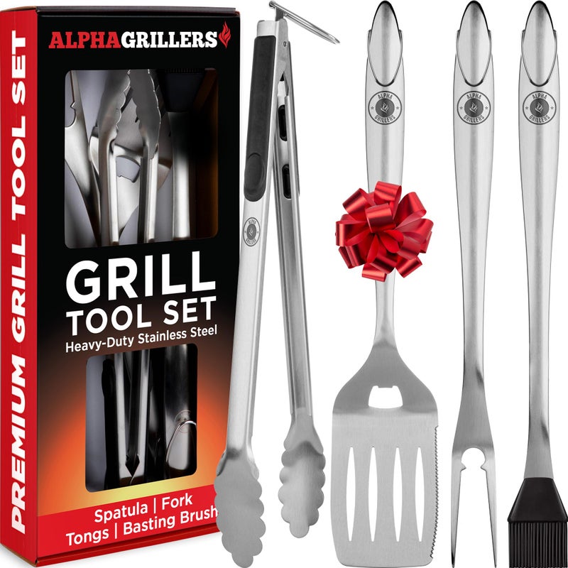 Alpha Grillers ملحقات الشواء الثقيلة - مجموعة أدوات الشواء من الفولاذ المقاوم للصدأ مع ملحقات الشواء في الهواء الطلق مع ملعقة، شوكة، فرشاة وملاقط - هدايا الشواء للرجال - Image 1
