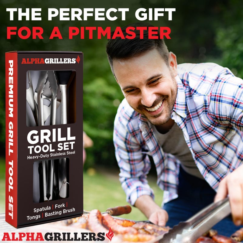 Alpha Grillers ملحقات الشواء الثقيلة - مجموعة أدوات الشواء من الفولاذ المقاوم للصدأ مع ملحقات الشواء في الهواء الطلق مع ملعقة، شوكة، فرشاة وملاقط - هدايا الشواء للرجال - Image 3
