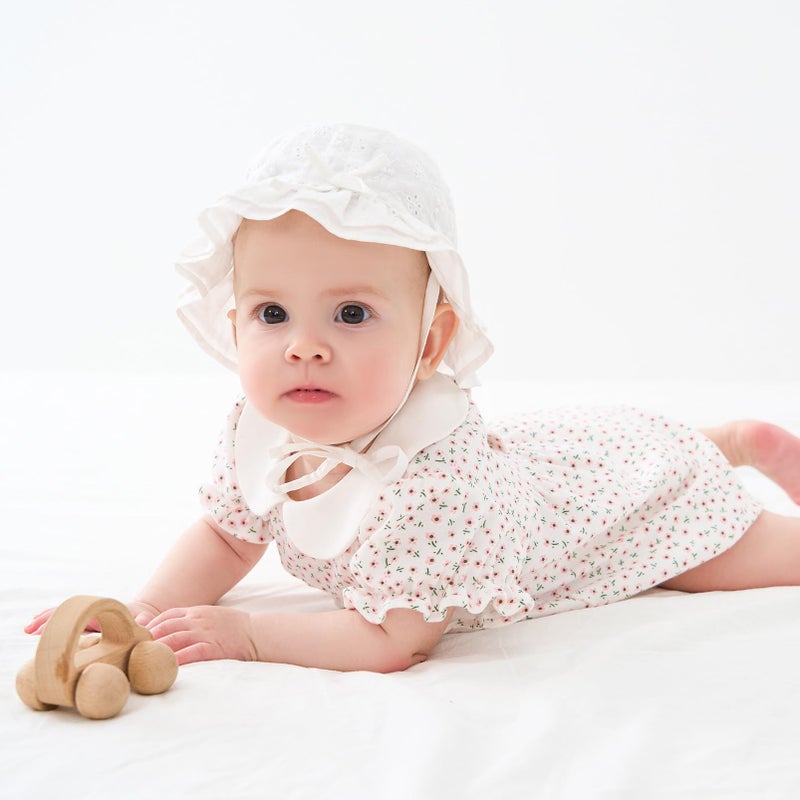 pureborn Baby Girl Sun Hat Bucket Hats Breathable Cotton Outdoor Beach Sun Protection Cap with Straps White 0-3 Months - Image 2