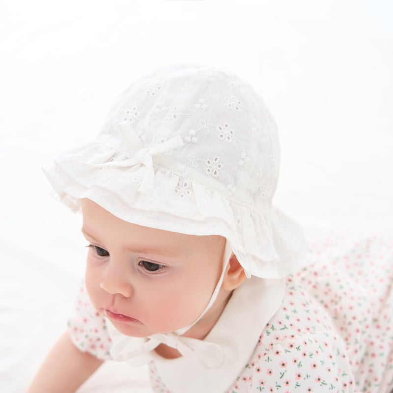 pureborn Baby Girl Sun Hat Bucket Hats Breathable Cotton Outdoor Beach Sun Protection Cap with Straps White 0-3 Months - Image 3