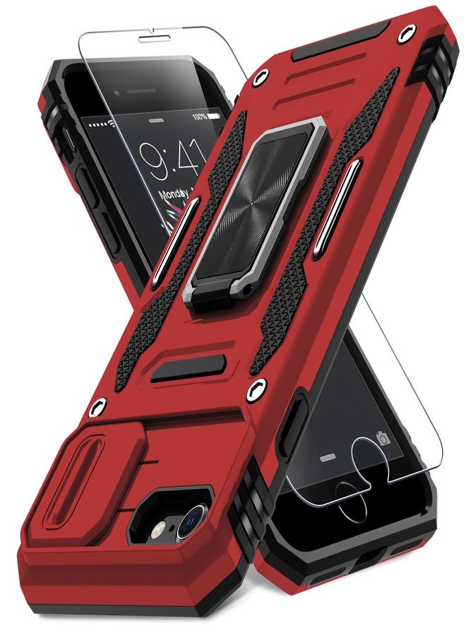 DEERLAMN جراب DEERLAMN لهاتف iPhone SE 2022/2020، جراب هاتف iPhone 8/7 مع غطاء كاميرا منزلق + واقي شاشة، غطاء حماية مقاوم للصدمات بمسند حلقي دوار، مقاس 4.7 بوصة - أحمر - Image 1