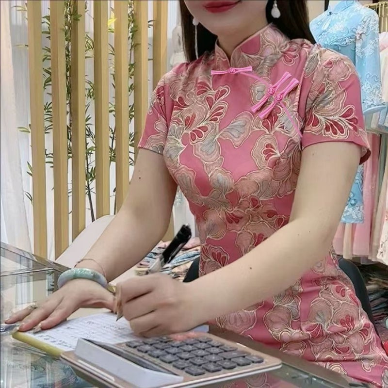 Cheongsam Summer Mid-Length Chinese Mother Improved Cheongsam Daily Elegant Flesh Covering Clothes - Image 2