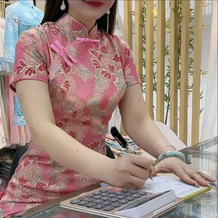 Cheongsam Summer Mid-Length Chinese Mother Improved Cheongsam Daily Elegant Flesh Covering Clothes - Image 1
