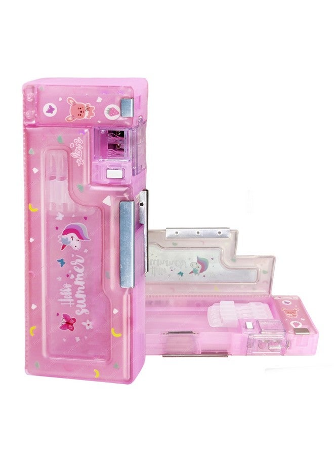 FunBlast Magnetic Pencil Case With Sharpener Hello Summer Themed Luxury Pencil Box For Kids Stationary Organizer Pencil Box For Girls, Kids, Boys (Pink, Plastic) - Image 1