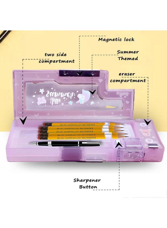 FunBlast Magnetic Pencil Case With Sharpener Hello Summer Themed Luxury Pencil Box For Kids Stationary Organizer Pencil Box For Girls, Kids, Boys (Pink, Plastic) - Image 3