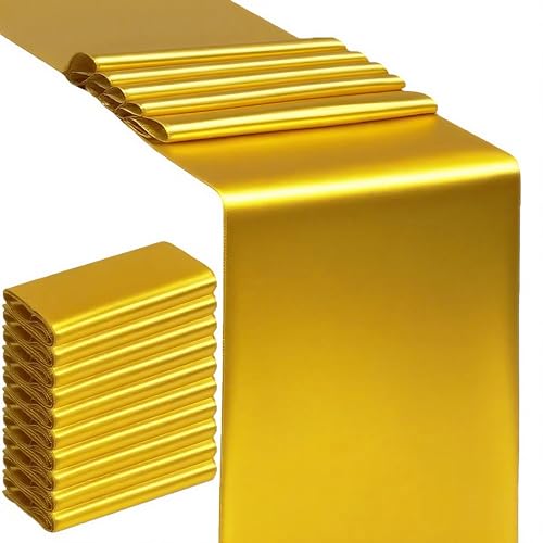 SINSSOWL 10 Pack Gold Table Runners 12 X 108 Inches Wedding Golden Satin Table Runner for Party Birthday Banquet Bridal Shower Christmas Engagement Rectangle Round Tables Overlay Decorations - Image 1