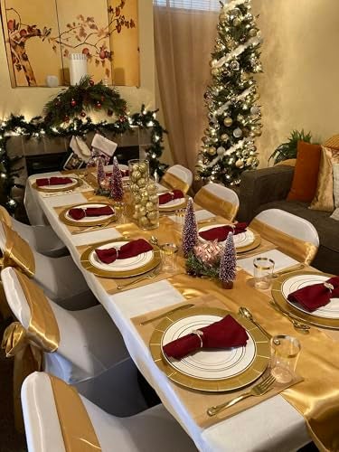SINSSOWL 10 Pack Gold Table Runners 12 X 108 Inches Wedding Golden Satin Table Runner for Party Birthday Banquet Bridal Shower Christmas Engagement Rectangle Round Tables Overlay Decorations - Image 4