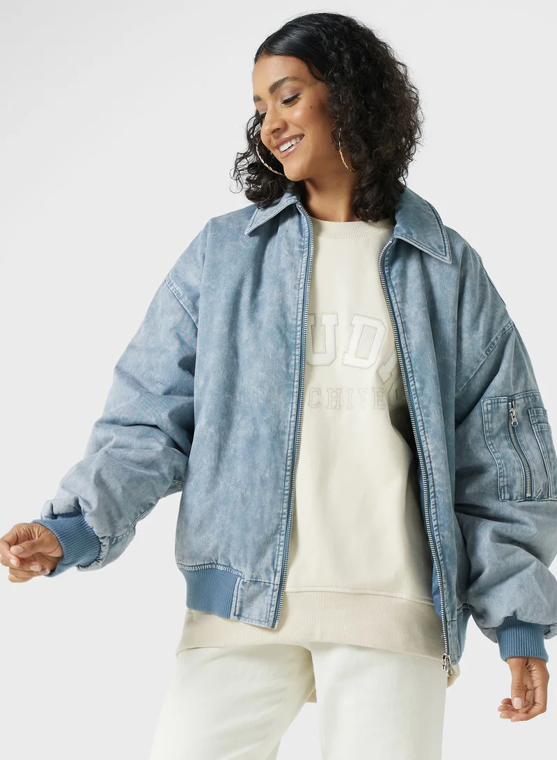 TOPSHOP Acid Wash Cotton Bomber Jacket