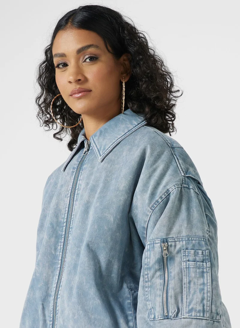 TOPSHOP Acid Wash Cotton Bomber Jacket