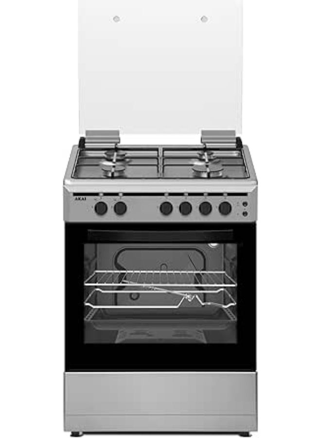 AKAI 60X55cm Freestanding Gas Cooker with 4 Burners, Automatic Ignition & Full Safety, Enamelled Pan Support, Gas Oven & Gas Grill, CRMA-66SCN 4 CRMA-66SCN Silver/Black