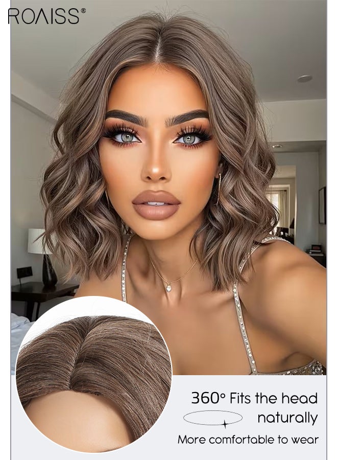 roaiss Light Brown Bob Wigs for Women Short Wavy Wig with Middle Part Bangs Natural Layering Synthetic Hair Heat Resistant Wigs for Daily Party Cosplay Wear 30.48cm (12 inches) - Image 4