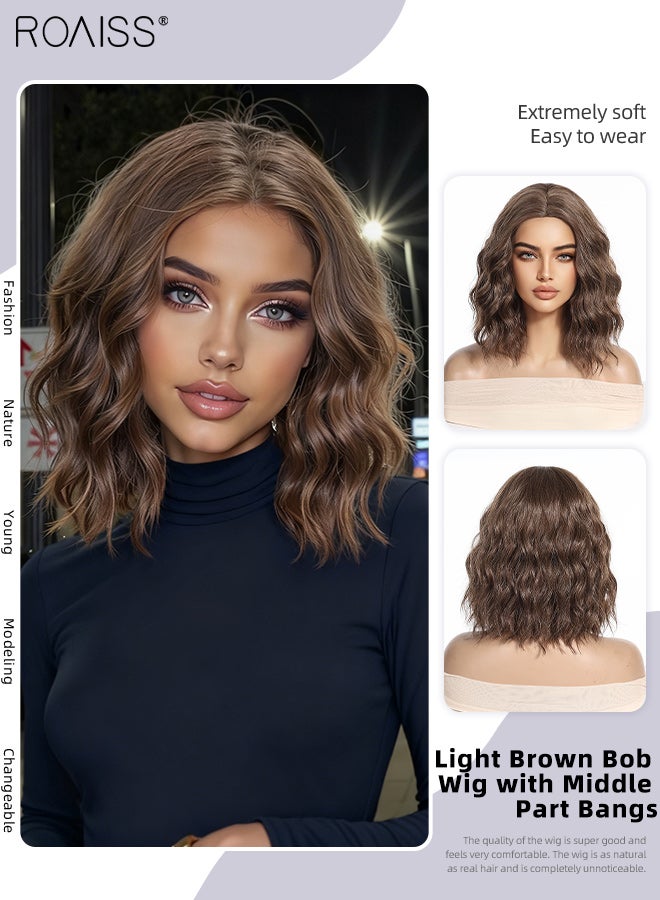 roaiss Light Brown Bob Wigs for Women Short Wavy Wig with Middle Part Bangs Natural Layering Synthetic Hair Heat Resistant Wigs for Daily Party Cosplay Wear 30.48cm (12 inches) - Image 1