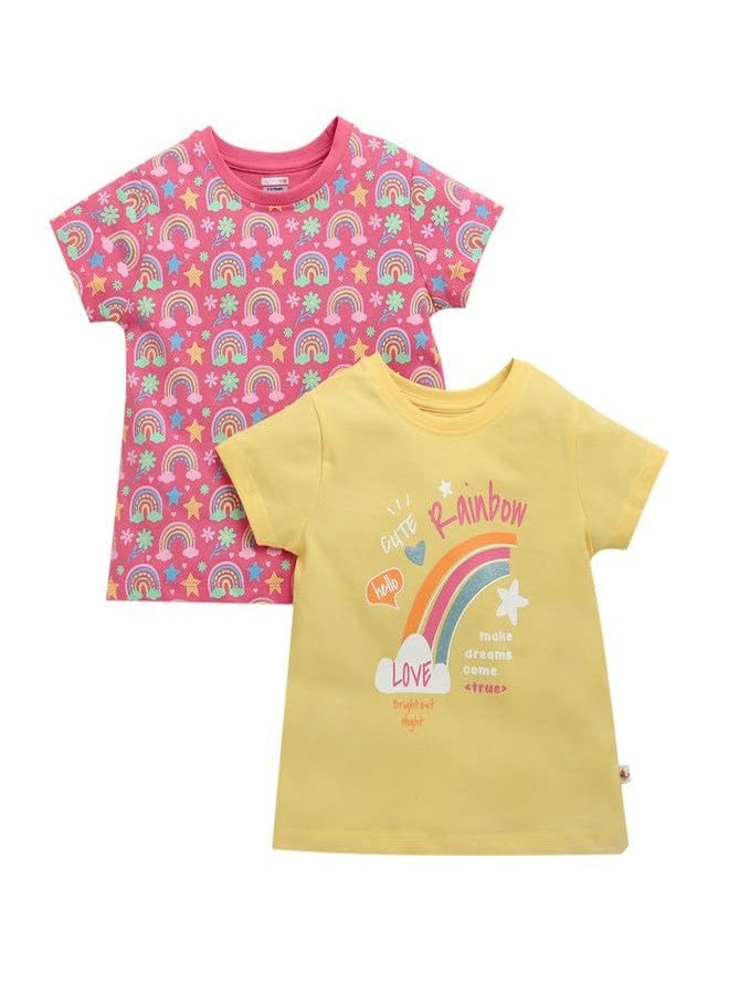 BUMZEE Girls Cotton Half Sleeves Regular Fit T-Shirt Pack of 2 Pink & Yellow - 6-12 Months (Peb10453C-pnk) - Image 1