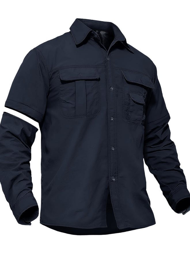 Tacvasen Men's Convertible Long Sleeve Fishing Shirts Quick Dry Button Up Tactical Shirts for Work Safari Hiking, Navy, XL - Image 1