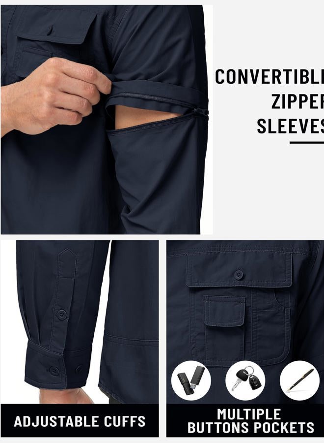 Tacvasen Men's Convertible Long Sleeve Fishing Shirts Quick Dry Button Up Tactical Shirts for Work Safari Hiking, Navy, XL - Image 4
