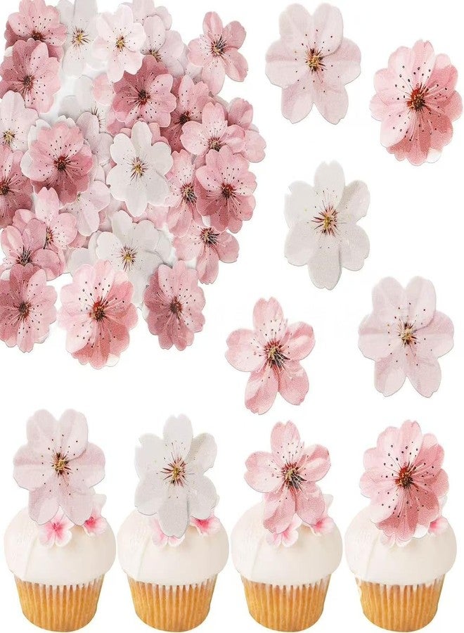 KOOTIPS 50 Pack Edible Cherry Blossom Cupcake Toppers Cherry Flowers Cake Toppers Rice Paper Wafer Paper Cake Picks for Cherry Blossom Bridal Shower Baby Shower Kids Birthday Cake Decorations - Image 1