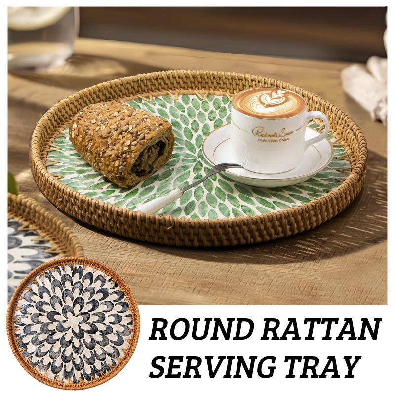 Aayoruro Round Rattan Tray with Mother of Pearl Inlay, Decorative Wicker Serving Tray with Wooden Base, Woven Basket Trays for Bread Fruits Coffee, Plume - Image 4