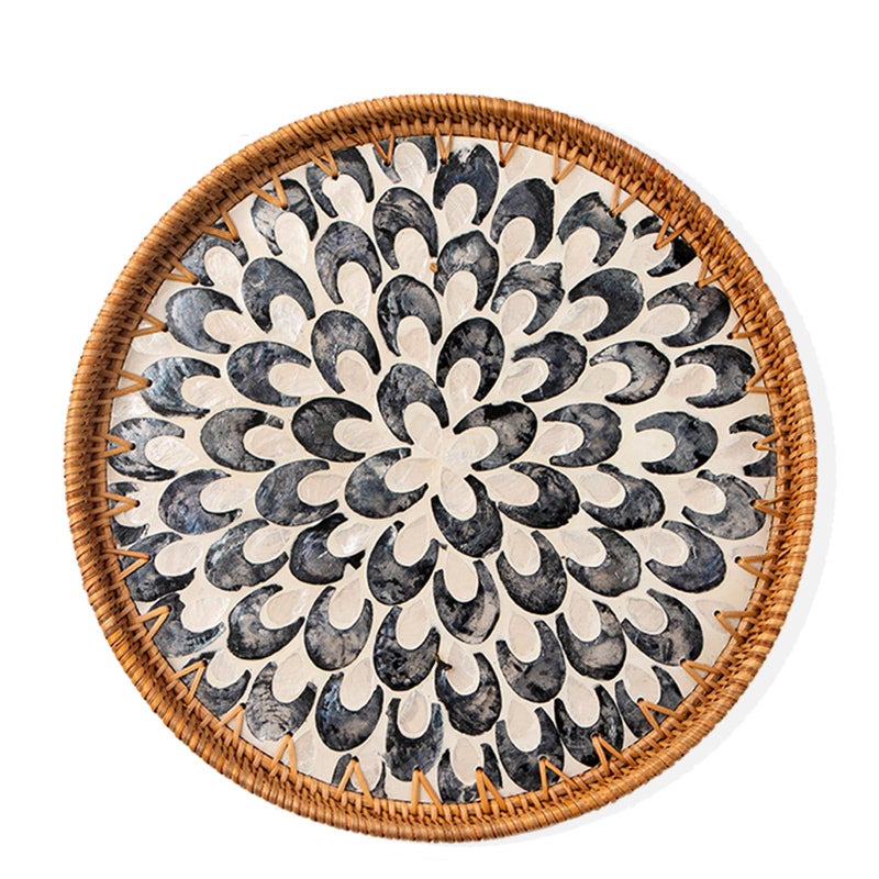 Aayoruro Round Rattan Tray with Mother of Pearl Inlay, Decorative Wicker Serving Tray with Wooden Base, Woven Basket Trays for Bread Fruits Coffee, Plume - Image 1