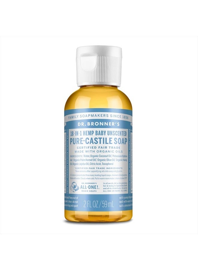 Dr. Bronner's صابون سائل نقي من كاستيل (غير معطر للأطفال، حجم السفر، 2 أونصة) - مصنوع من زيوت عضوية، 18 استخدامًا: للوجه، الجسم، الشعر، الغسيل، الحيوانات الأليفة والأطباق، مركز، نباتي، غير معدل وراثيًا - Image 1