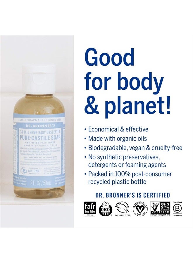 Dr. Bronner's صابون سائل نقي من كاستيل (غير معطر للأطفال، حجم السفر، 2 أونصة) - مصنوع من زيوت عضوية، 18 استخدامًا: للوجه، الجسم، الشعر، الغسيل، الحيوانات الأليفة والأطباق، مركز، نباتي، غير معدل وراثيًا - Image 4