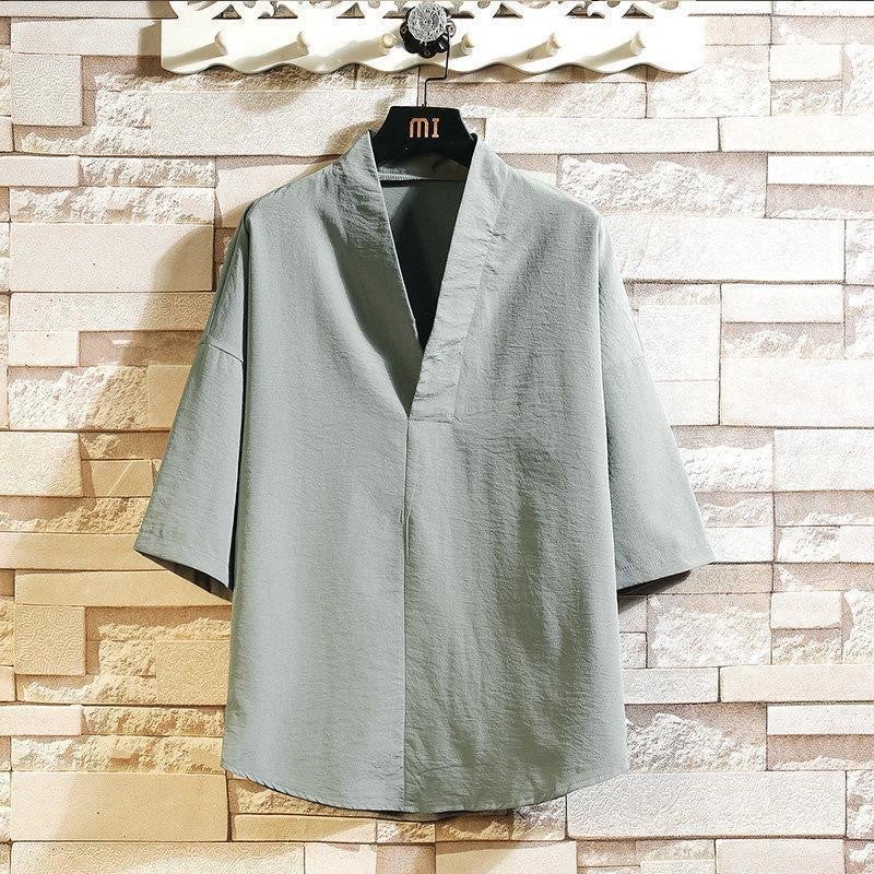 Summer Ice Silk T-Shirt Men'S Thin Loose V-Neck Seven-Sleeve Top Chinese Style Men'S Clothing Fashion Brand Half-Sleeve T-Shirt - Image 1