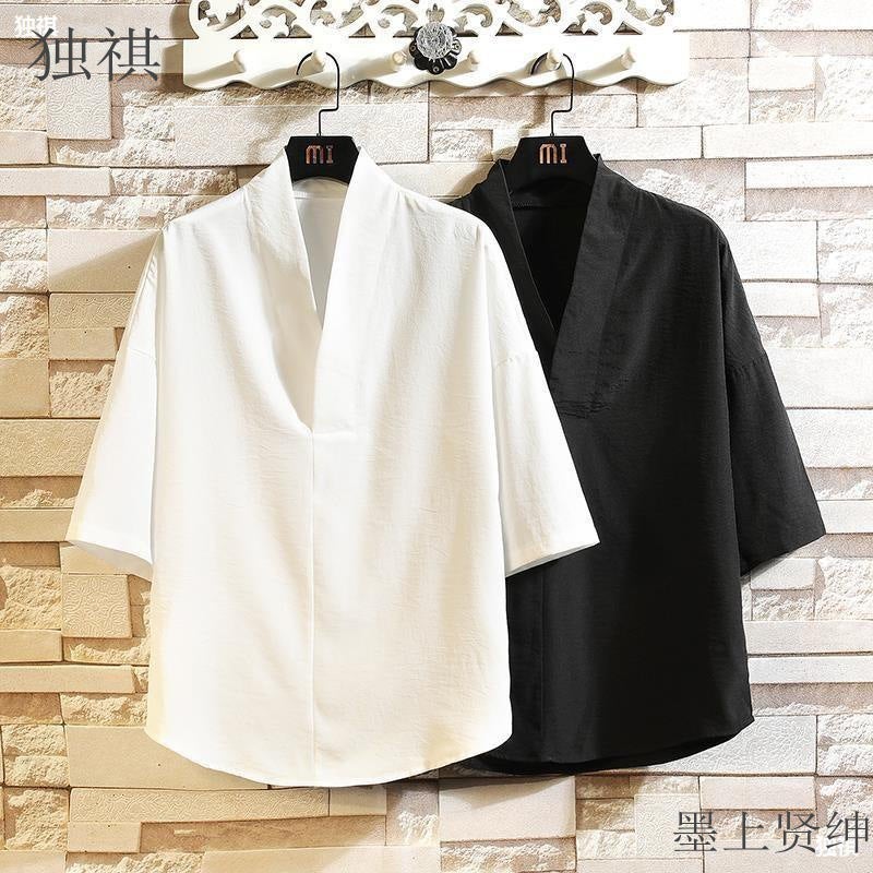 Summer Ice Silk T-Shirt Men'S Thin Loose V-Neck Seven-Sleeve Top Chinese Style Men'S Clothing Fashion Brand Half-Sleeve T-Shirt - Image 2