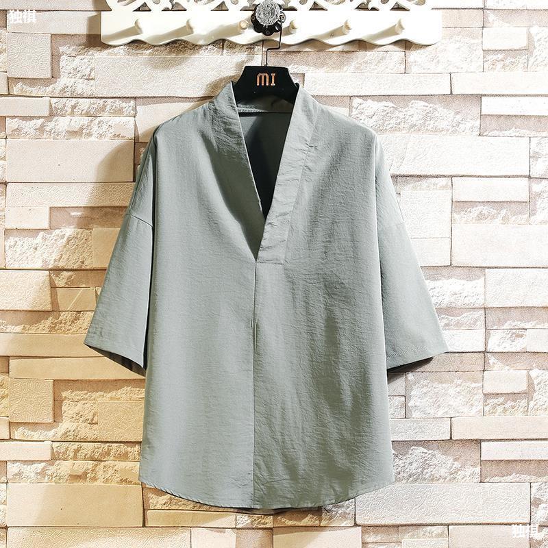Summer Ice Silk T-Shirt Men'S Thin Loose V-Neck Seven-Sleeve Top Chinese Style Men'S Clothing Fashion Brand Half-Sleeve T-Shirt - Image 5