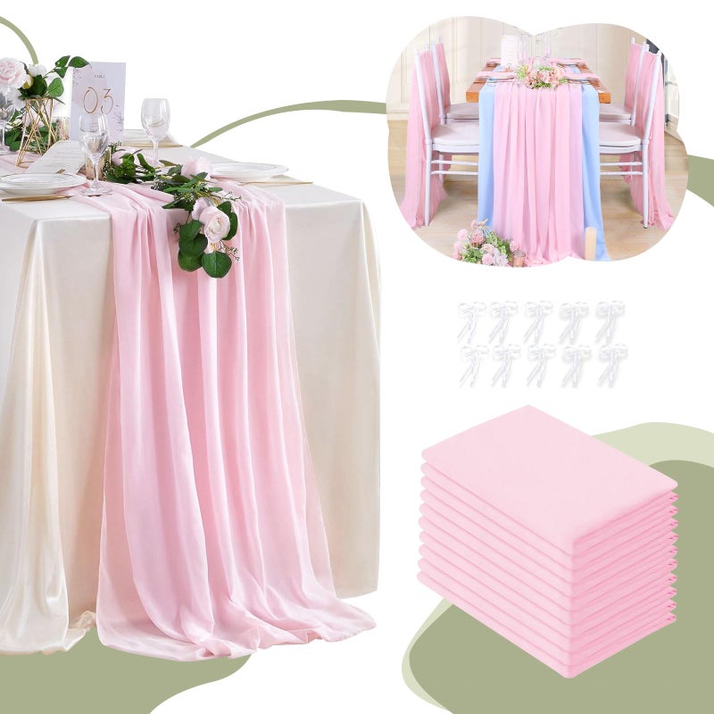 Pink Chiffon Table Runner Overlay 10 Pieces 27 x120 Inches Rustic Gauze Table Runner for Rustic Chic Wedding Reception Table Decoration