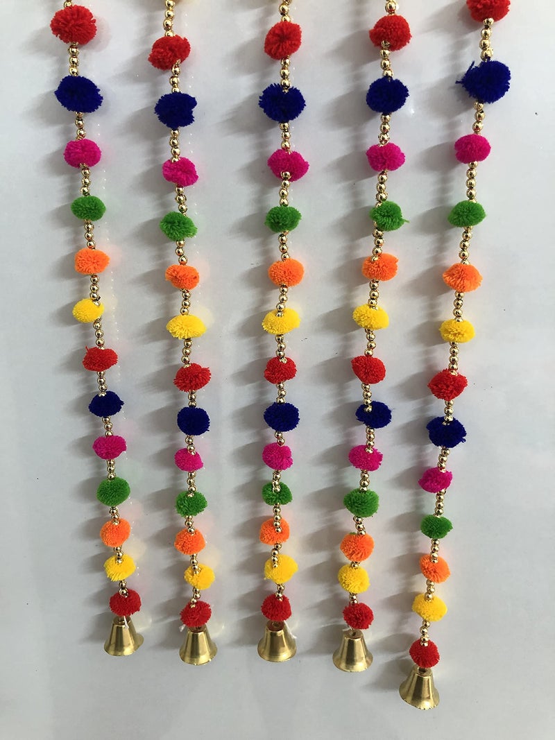 Aahum Handmade Wall Door Hangings 4 Ft.Strings Multi Color Pom Pom Torans Garland Bandhwar Golden Bells Temple,Ganesha Decoration Home Décor Diwali,Festival,Navratri,Wedding,Party(4 FT 5 Strings) - Image 3