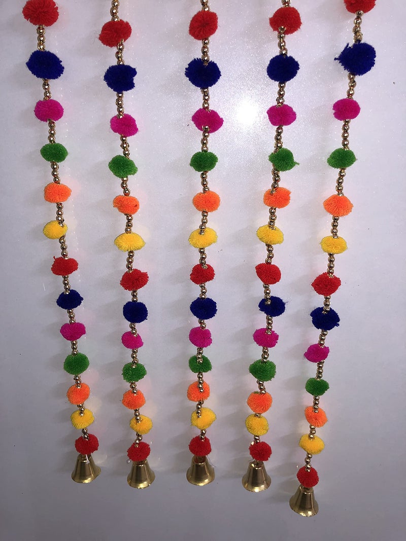 Aahum Handmade Wall Door Hangings 4 Ft.Strings Multi Color Pom Pom Torans Garland Bandhwar Golden Bells Temple,Ganesha Decoration Home Décor Diwali,Festival,Navratri,Wedding,Party(4 FT 5 Strings) - Image 4