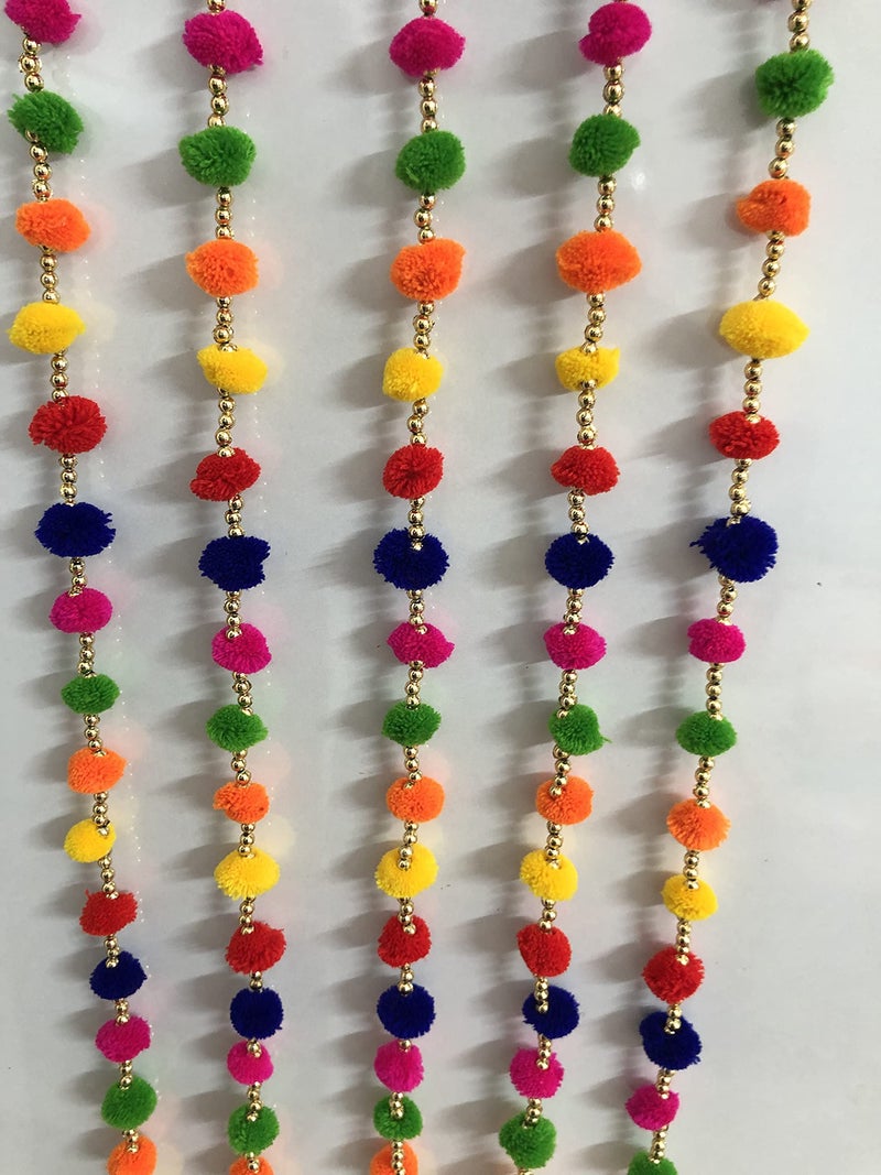 Aahum Handmade Wall Door Hangings 4 Ft.Strings Multi Color Pom Pom Torans Garland Bandhwar Golden Bells Temple,Ganesha Decoration Home Décor Diwali,Festival,Navratri,Wedding,Party(4 FT 5 Strings) - Image 5