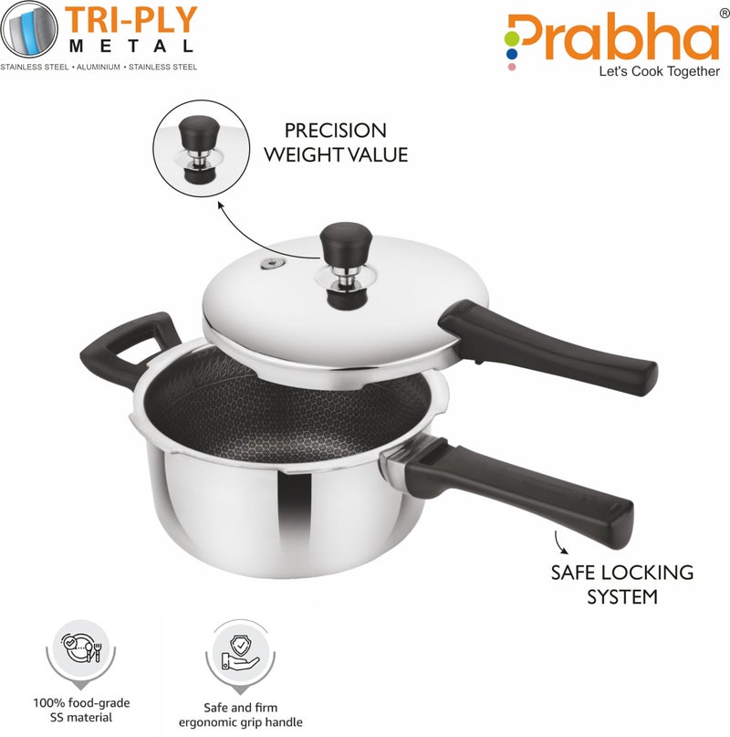 Prabha Stainless Steel Tri-Ply Hexa Cube Pressure Cooker Non-Stick Coating - 1.5L - Best For Serving, Instant Cooking - Image 2