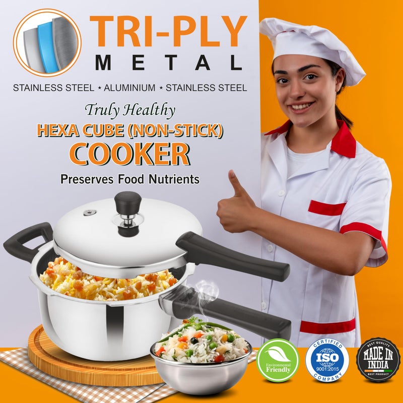 Prabha Stainless Steel Tri-Ply Hexa Cube Pressure Cooker Non-Stick Coating - 1.5L - Best For Serving, Instant Cooking - Image 5