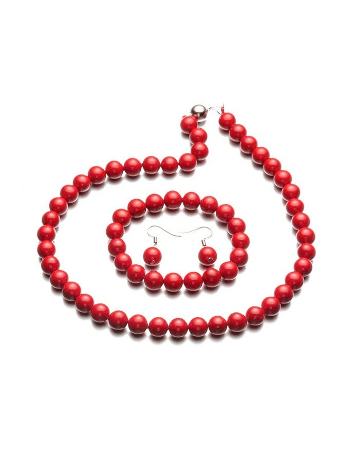 LUREME Fashion Style Pearl Elastic Necklace Bracelet Dangle Earring Set-Red(09000649-7) - Image 1