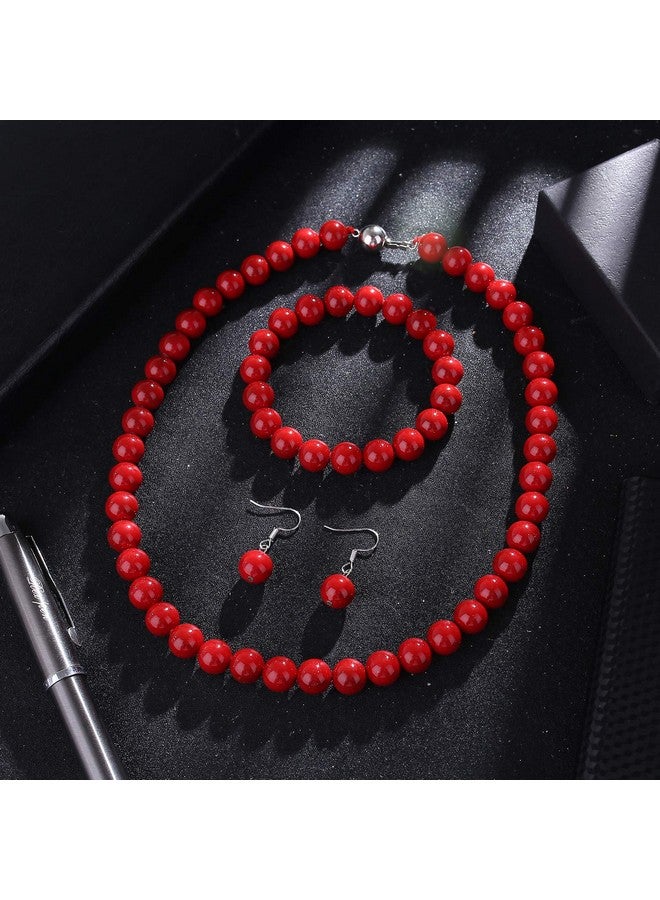 LUREME Fashion Style Pearl Elastic Necklace Bracelet Dangle Earring Set-Red(09000649-7) - Image 5