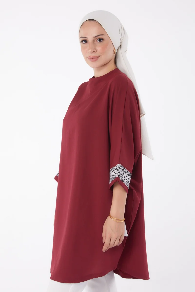 Tofisa Plain Crew Neck Women's Burgundy Tassel Bat Sleeve Tunic - 13256