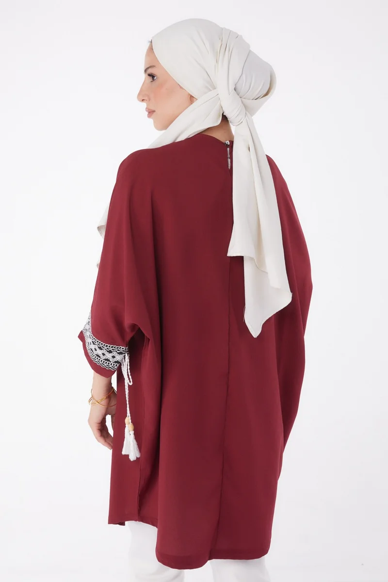 Tofisa Plain Crew Neck Women's Burgundy Tassel Bat Sleeve Tunic - 13256