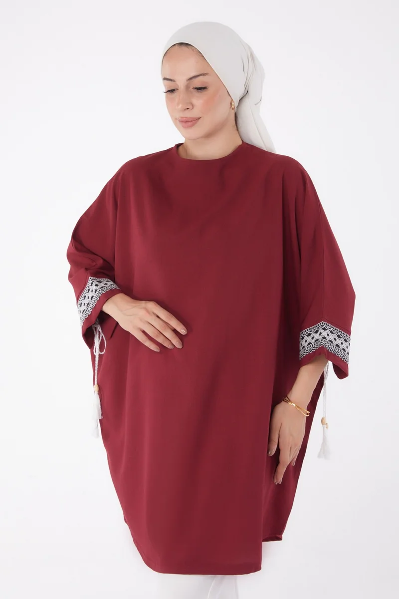 Tofisa Plain Crew Neck Women's Burgundy Tassel Bat Sleeve Tunic - 13256